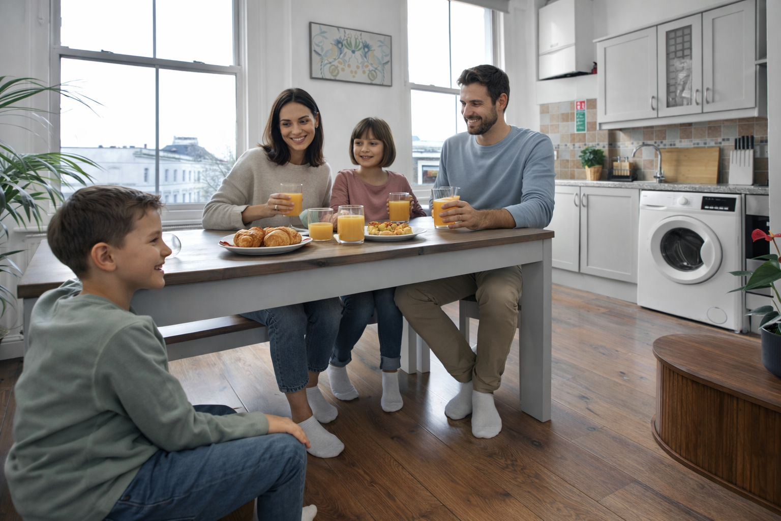 Family enjoying breakfast together at the kitchen table in the Notting Hill apartment