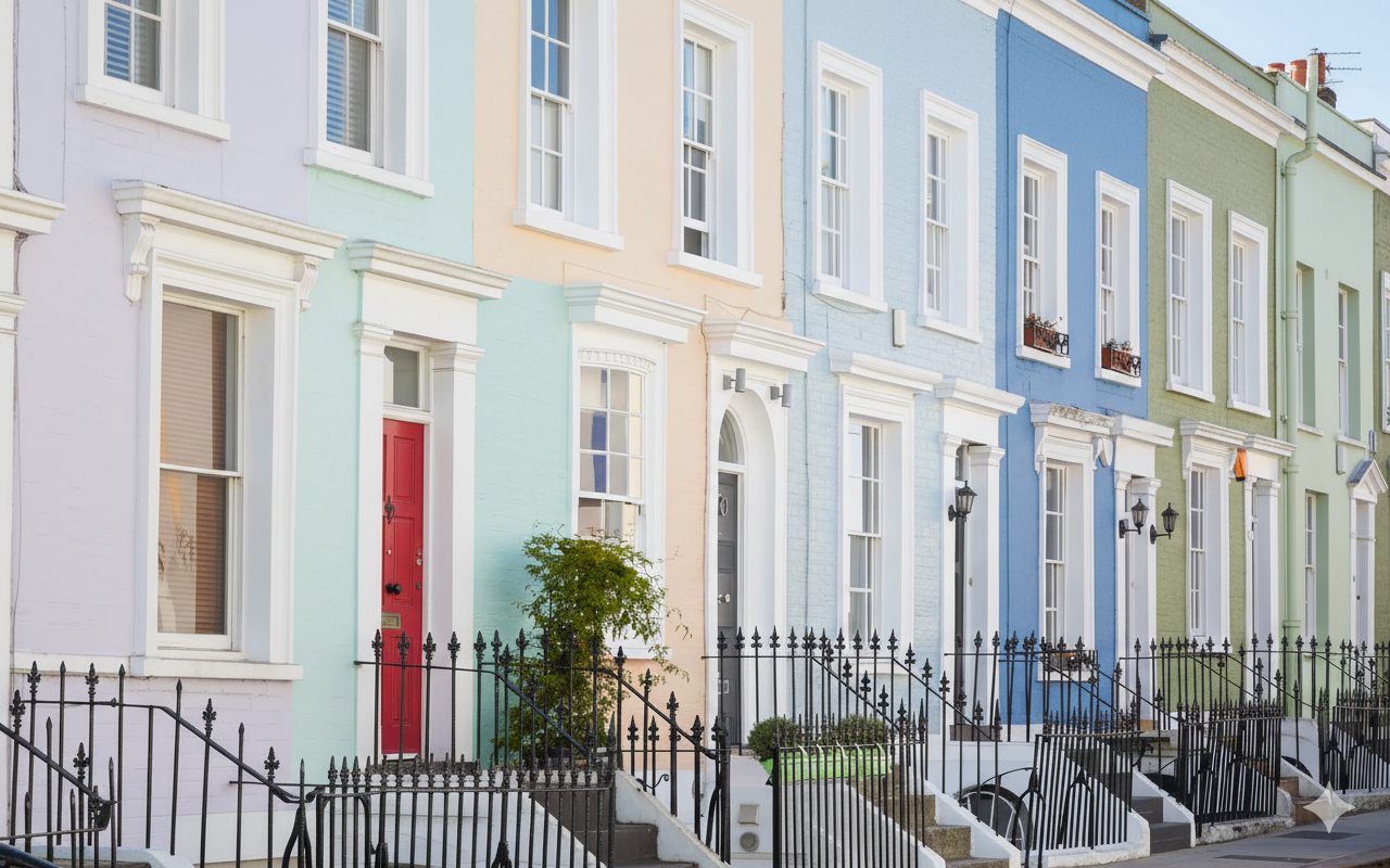 Iconic colourful houses on a Notting Hill street in London